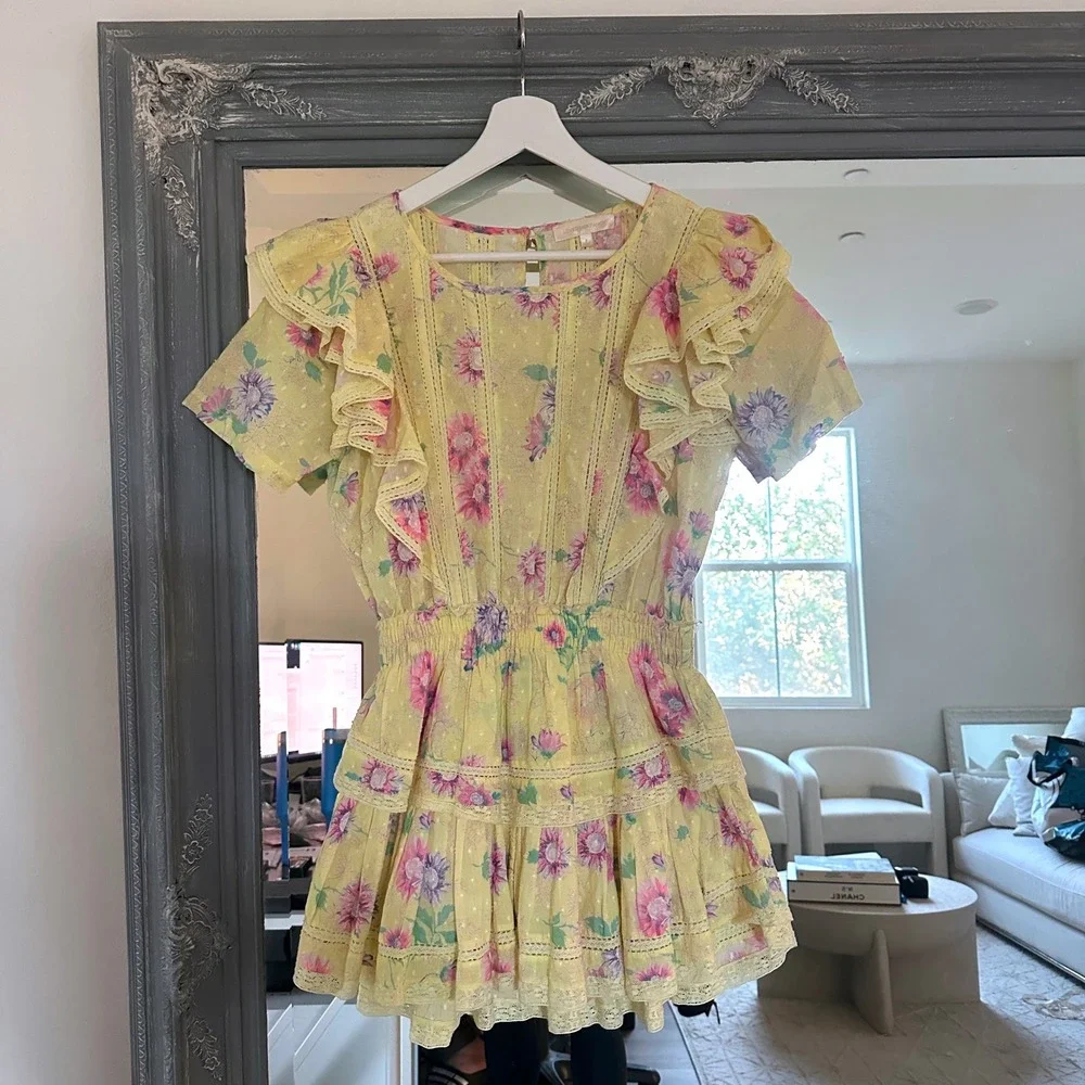 LoveShackFancy Natasha Floral Ruffle Mini Dress Smocked Waist Lace Trim S